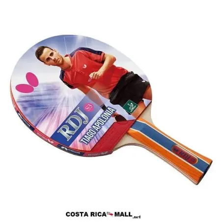 Raqueta de Ping Pong TIAGO APOLONIA RDJ-S3 BUTTERFLY. Raqueta de ping pong BUTTERFLY RDJ-S3 (Tiago Apolonia). Ideal para principiantes. Ofrece Control 80.5, Spin 67 y Speed 64.5, con una esponja de 1.92 mm.