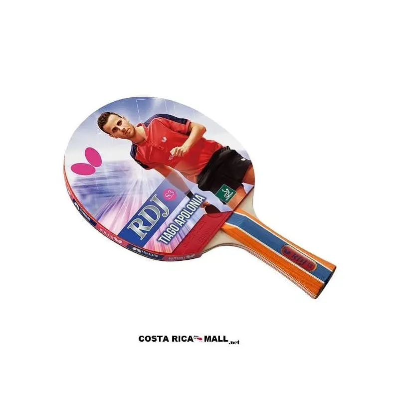 Raqueta de Ping Pong TIAGO APOLONIA RDJ-S3 BUTTERFLY. Raqueta de ping pong BUTTERFLY RDJ-S3 (Tiago Apolonia). Ideal para principiantes. Ofrece Control 80.5, Spin 67 y Speed 64.5, con una esponja de 1.92 mm.