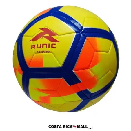 BALON PARA FUTBOL TERMOLAMINADO #5 RS5UT80 RUNIC. Color amarillo con línea azul y pintas naranjas.