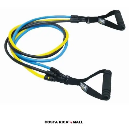 Tres bandas de resistencia entrelazadas marca Everlast en colores amarillo (ligero), azul (medio) y negro (pesado) en Costa Rica