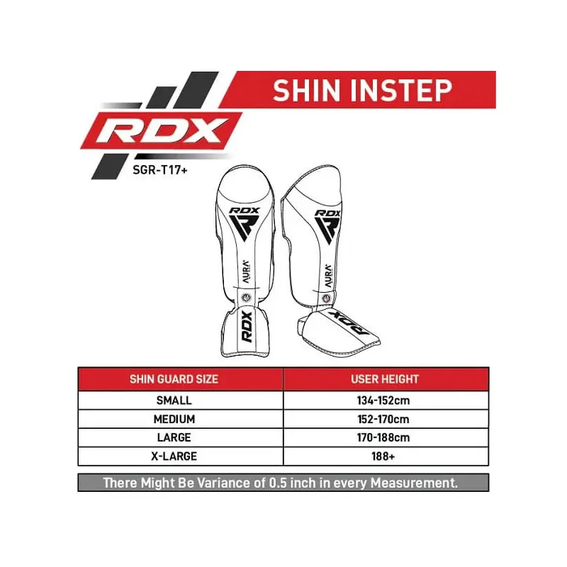 MEDIDAS ESPINILLERAS MMA EMPEINE T17 AURA DORADO RDX