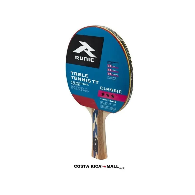 Raqueta de Ping Pong 3 Stars RTT5G301 RUNIC. La Raqueta de ping pong Runic 3 Stars RTT5G301, ideal para aficionados en Costa Rica. Ofrece un equilibrio perfecto para Control (88) y Velocidad (55). Fabricada con madera y caucho para un juego consistente.