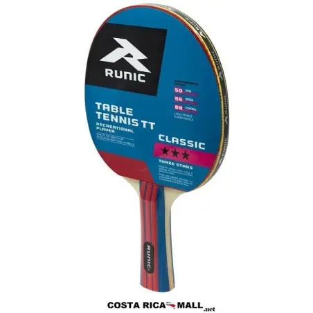 Raqueta de Ping Pong 3 Stars RTT5G302 RUNIC. Raqueta de ping pong Runic 3 Stars RTT5G302 para principiantes en Costa Rica. Gran control (88) y velocidad moderada (55) con esponja de 1.8mm. Hecha de madera y caucho de alta calidad.