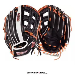 Guante de Béisbol Wilson A550 de 12" en cuero. Es de color negro, blanco y naranja para jóvenes.