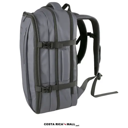 Salveque EVERLAST TRAVEL de 40 litros en color Gris. Mochila con compartimento para laptop y bomba de vacío. De lado