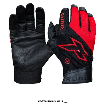 Guantes de Bateo RUNIC BASES LOADED en color Negro con Rojo. Palma de piel sintética y ajuste con velcro.