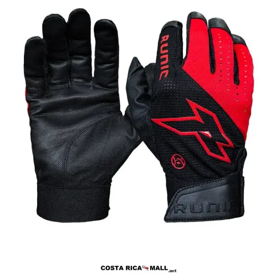 Guantes de Bateo RUNIC BASES LOADED en color Negro con Rojo. Palma de piel sintética y ajuste con velcro.
