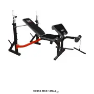Banco de pesas ajustable EVERLAST ATLAS PLUS con rack para barra, almohadilla de curl de predicador y revelador de piernas.