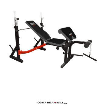 Banco de pesas ajustable EVERLAST ATLAS PLUS con rack para barra, almohadilla de curl de predicador y revelador de piernas.