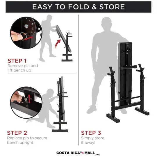 Banco de pesas plano compacto EVERLAST EVWB1W101, ideal para entrenamiento abdominal y press de banca con mancuernas. Pasos