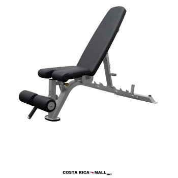 Banco multi-posición RISING SUB3001A, color negro, ajustable a 7 ángulos (Flat, Incline, Decline) con ruedas de transporte.