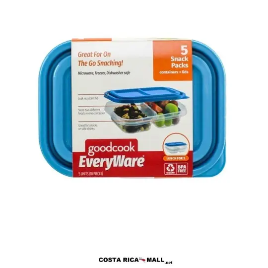Set 5 Recipientes Plásticos 2 Divisiones GOODCOOK EveryWare con tapas resistentes y compartimentos para meriendas.