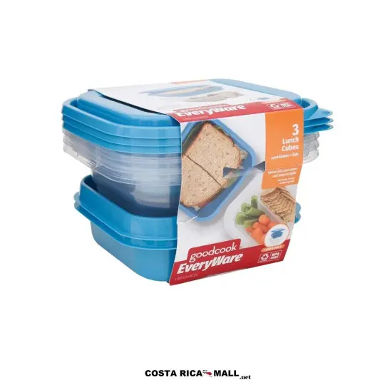Set 3 Recipientes Plásticos Cuadrados GOODCOOK con divisiones internas y tapas herméticas de colores. Vista empaque