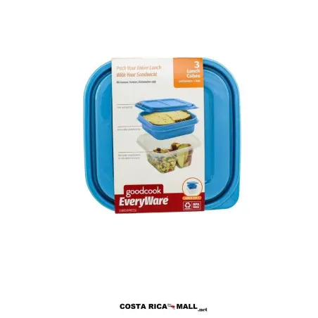 Set 3 Recipientes Plásticos Cuadrados GOODCOOK con divisiones internas y tapas herméticas de colores.
