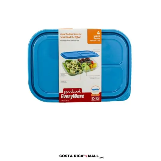 Set 4 Recipientes Plásticos 3 Divisiones GOODCOOK transparentes con tapas azules de cierre seguro.