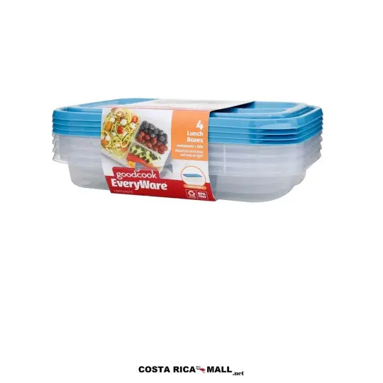 Set 4 Recipientes Plásticos 3 Divisiones GOODCOOK transparentes con tapas azules de cierre seguro. Empaque