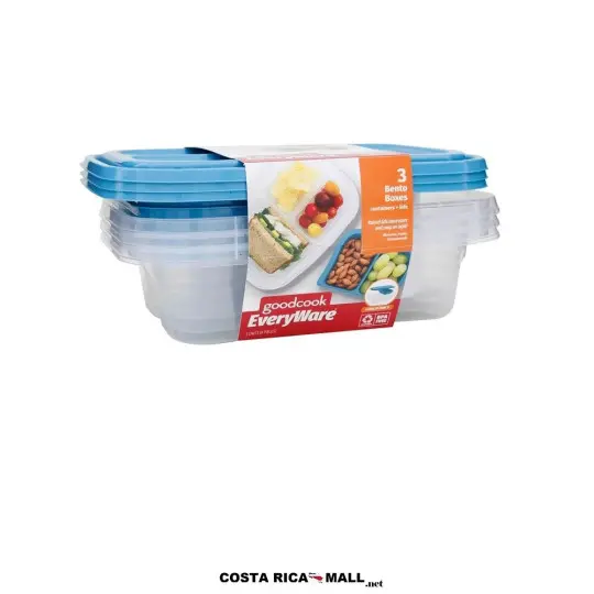 Set 3 Bento Plásticos 3 Divisiones GOODCOOK de color azul con cierre hermético y diseño rectangular. Empaque