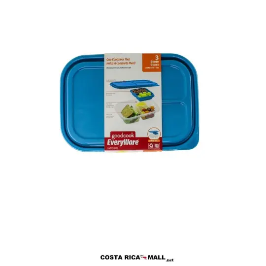 Set 3 Bento Plásticos 3 Divisiones GOODCOOK de color azul con cierre hermético y diseño rectangular.