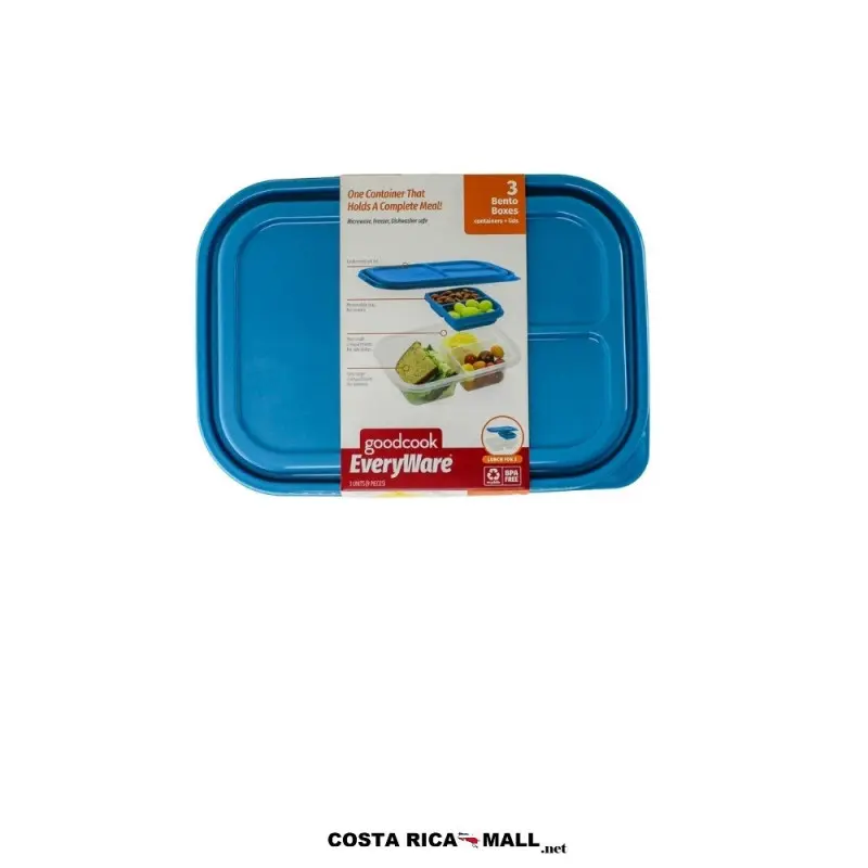 Set 3 Bento Plásticos 3 Divisiones GOODCOOK de color azul con cierre hermético y diseño rectangular.