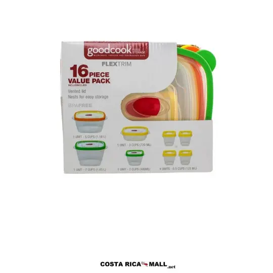 Set 8 Recipientes Plásticos GOODCOOK de diferentes tamaños con tapas de colores y sistema de ventilación.