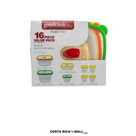 Set 8 Recipientes Plásticos GOODCOOK de diferentes tamaños con tapas de colores y sistema de ventilación.