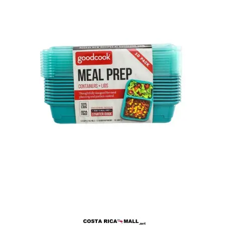 Set 10 Recipientes Plásticos 2 Divisiones Rectangulares GOODCOOK con medidas de volumen grabadas y tapas abovedadas. Grande