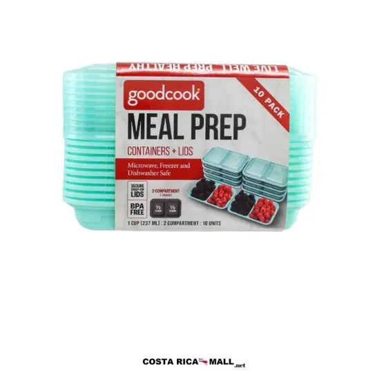 Set 10 Recipientes Plásticos 2 Divisiones Rectangulares GOODCOOK con medidas de volumen grabadas y tapas abovedadas. Snack