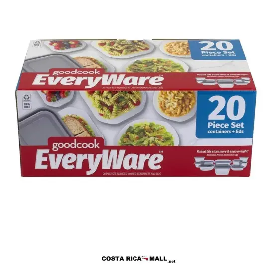 Juego 20 Piezas Recipientes Plásticos Surtidos GOODCOOK con formas redondas y cuadradas en diversos tamaños.