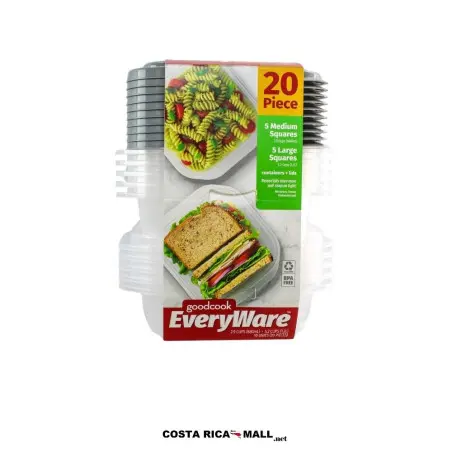 Juego 20 Piezas Recipientes Plásticos Cuadrados GOODCOOK con 5 unidades de 680 ml y 5 unidades de 1.2 L con tapas