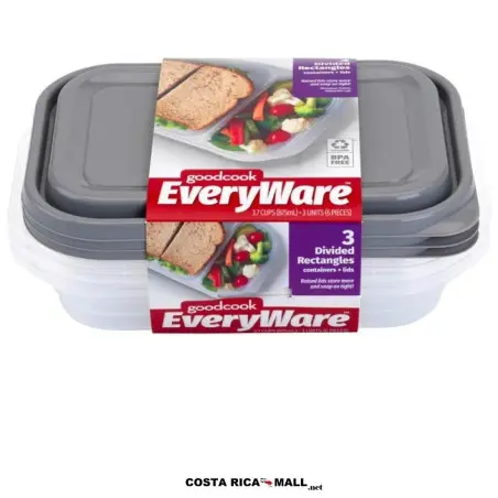 Set 3 Recipientes Plásticos Rectangulares 1 división GOODCOOK de 875 ml con tapas de seguridad Click and Fresh.