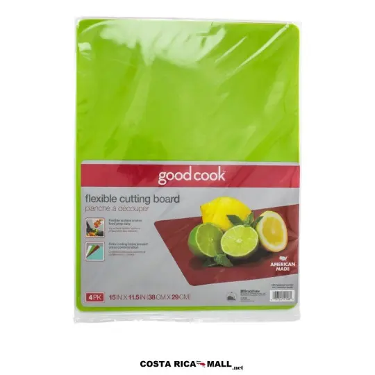 Set 4 Tablas Plásticas Flexibles GOODCOOK en colores verde, rojo, celeste y blanco para mayor seguridad alimentaria.