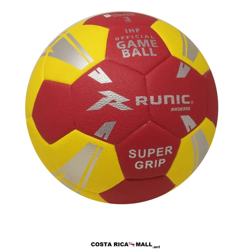 Detalle del Balón de Balonmano RUNIC #3 Rojo/Amarillo mostrando la textura Super Grip para una mayor agilidad.