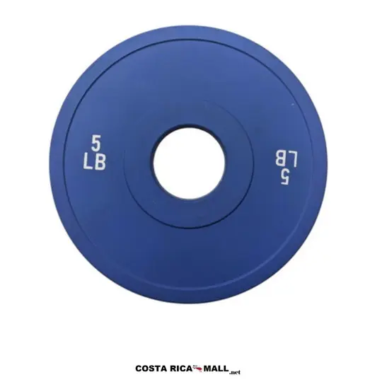 Plato Olímpico Cubierto Hule de 5 LB resaltando su color azul para mayor rendimiento. Peso 5 libras. Azul