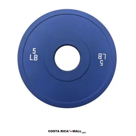 Plato Olímpico Cubierto Hule de 5 LB resaltando su color azul para mayor rendimiento. Peso 5 libras. Azul