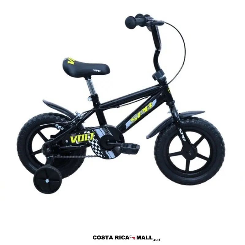 Bicicleta Infantil VOLT #12 SUPERPRO resaltando su diseño robusto para mayor rendimiento. Color Negro-Amarillo