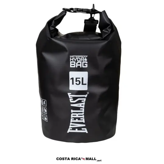 BOLSO WATERPROOF 15L EVERLAST resaltando su cierre enrollable para mayor rendimiento. Color Negro.