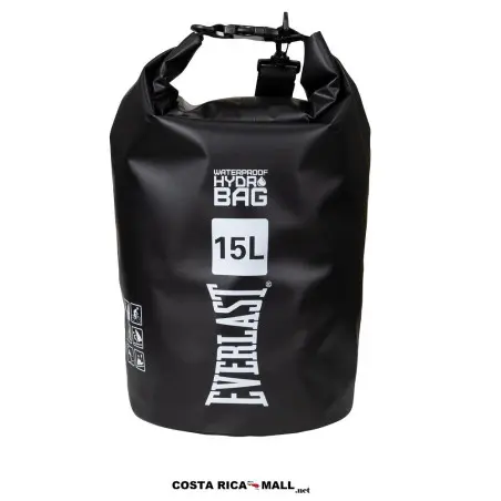 BOLSO WATERPROOF 15L EVERLAST resaltando su cierre enrollable para mayor rendimiento. Color Negro.