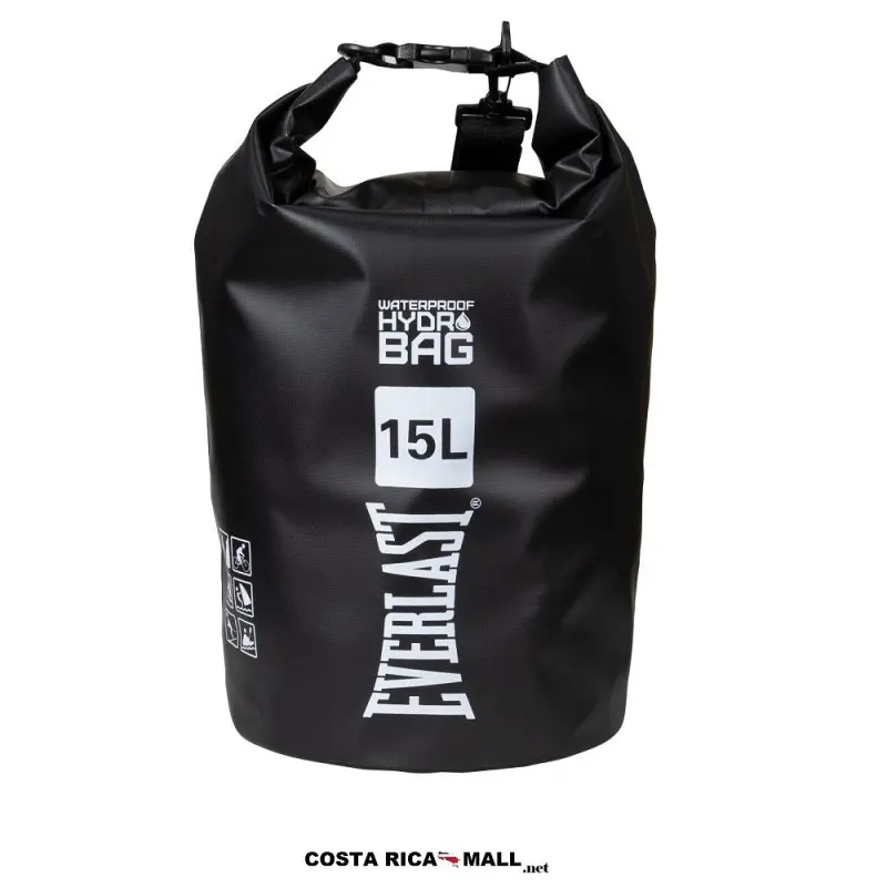 BOLSO WATERPROOF 15L EVERLAST resaltando su cierre enrollable para mayor rendimiento. Color Negro.