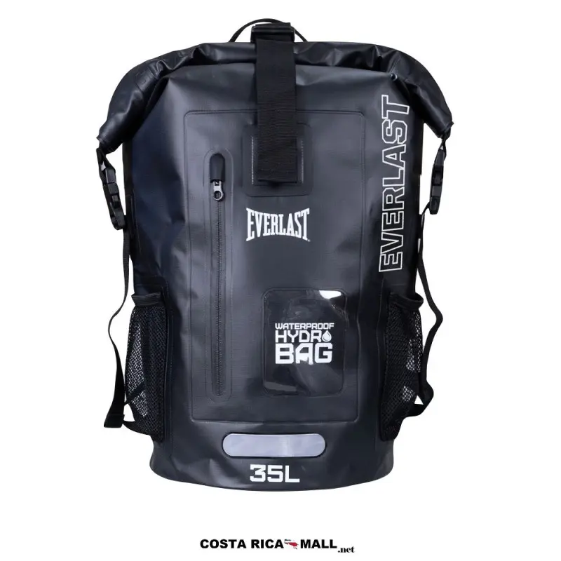 Mochila WATERPROOF 35L EVERLAST resaltando su diseño ergonómico para mayor rendimiento. Color Negro