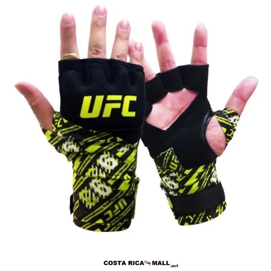 Guantes con gel UFC para protección y entrenamiento de boxeo y MMA. Color Negro amarillo. Vista puestos