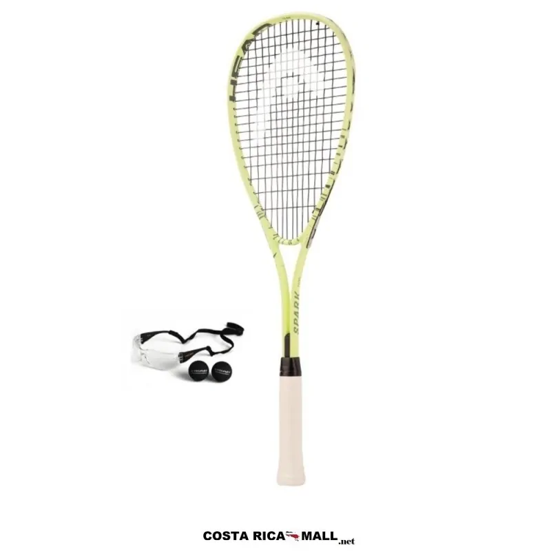Set para squash HEAD Spark Team 214124 con raqueta, gafas protectoras y dos pelotas para iniciación deportiva.