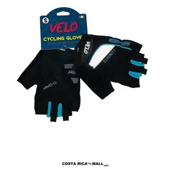 Guantes de Ciclismo VELO con diseño de medio dedo, palma acolchada, ajuste mediante velcro. Color Negro con turquesa