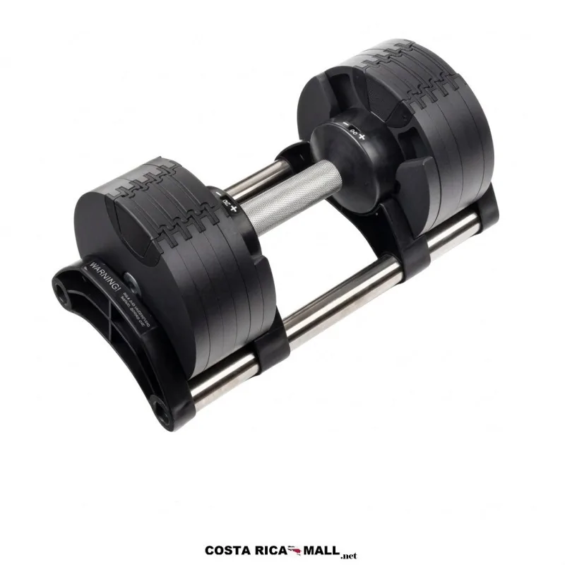 Mancuerna Ajustable 20kg con 10 discos intercambiables, estructura resistente y mango ergonómico.