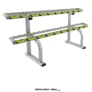 Rack para 20 Mancuernas con estructura metálica de doble nivel y soportes individuales, diseñado para organizar.