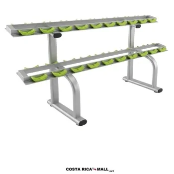 Rack para 20 Mancuernas con estructura metálica de doble nivel y soportes individuales, diseñado para organizar.