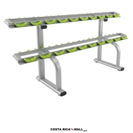 Rack para 20 Mancuernas con estructura metálica de doble nivel y soportes individuales, diseñado para organizar.