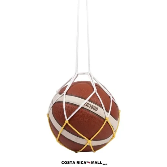 Red porta balón deportivo individual en nylon trenzado blanco y amarillo. Vista con balón - COSTA RICA MALL