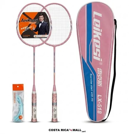 Set de 2 raquetas de bádminton de hierro LEIKESI LX-518 color rosa con protector de filo - COSTA RICA MALL