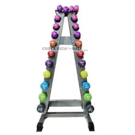 RACK PARA MANCUERNAS DE VINYL RK2067C. Mantén tu gimnasio en casa organizado con este rack para mancuernas de vinyl. Soporte de metal para 20 pesas. ¡Orden y seguridad garantizados en Costa Rica!
